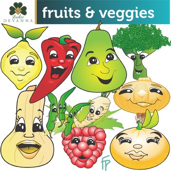 Cartoon Fruits And Vegetables Clip Art by Studio Devanna | TPT