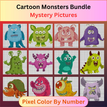 Preview of Cartoon Monsters Bundle - Pixel Art Color By Number / Mystery Pictures
