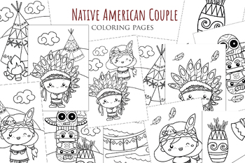 Preview of Cartoon Native American Indian Couple History Coloring Activity for Kids Adult