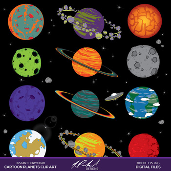 Preview of Cartoon Planets In Outer Space Digital Clip Art