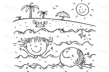 Cartoon children characters on summer vacation swimming in the sea