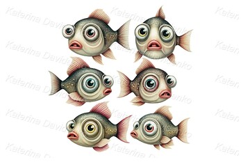 Cartoon fishes with big eyes, character design, different poses and emotions