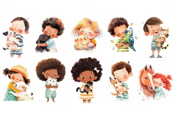 Preview of Cartoon happy kids with pets Portraits of cute children with pets Watercolor png