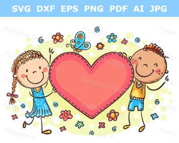 Preview of Cartoon kids holding heart with a blank space for your text. Valentines day