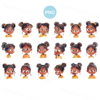 Preview of Cartoon little african american girl with different emotions, face expressions