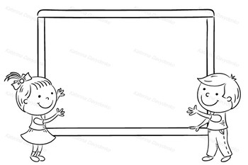 Cartoon schoolchildren at the blackboard in the classroom, frame with a  copy spa