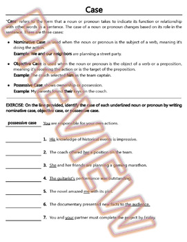 Preview of Case Forms of Nouns and Pronouns Worksheets. High School ELA. Word Docs.