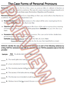 Preview of Case Forms of Personal Pronouns Worksheets & Practice. High School ELA. Word Doc