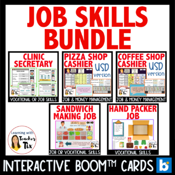 Preview of Cashier, Secretary, Hand packer, Sandwich maker Job Skills bundle Boom™ cards