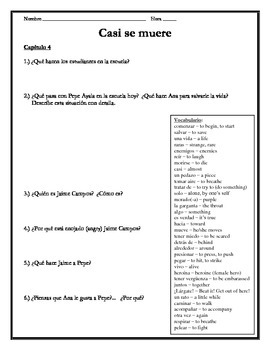 Casi Se Muere Chapter 4 Comprehension Questions W Vocabulary Tpt