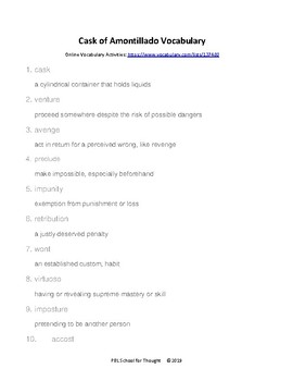 Preview of Cask of Amontillado Vocabulary List