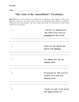 Cask of the Amontillado Vocabulary Worksheet by Jennifer Moore TPT