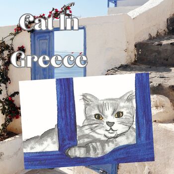 Preview of Cat In Greece Cute Whimsical Watercolor Classroom Decor, Clip Art