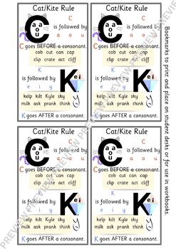 Preview of Cat Kite Rule Bookmark C vs K Spelling Rule OG