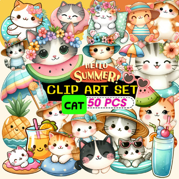 Preview of Cat Summer doodle set 50 pcs ,file png