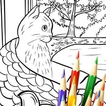 Preview of Cat Watching Outside Coloring Book Page For Teens and Adults