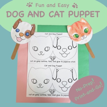 Preview of Cat and Dog Puppets | Easy Preschool / Kindergarten Craft | No-Prep | Coloring