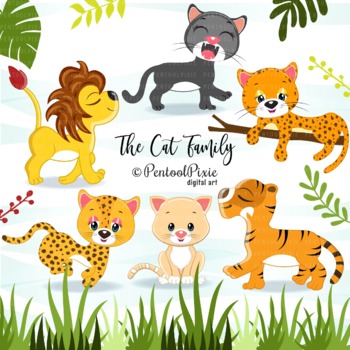 Preview of Cat family clipart, wild cats, Jungle animal clipart, Lion, Tiger, Panther