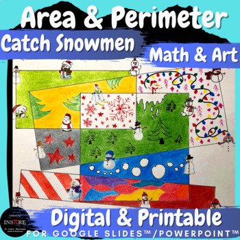 Preview of Catch Snowmen Area & Perimeter Winter Math & Art Project with Ruler Measurement