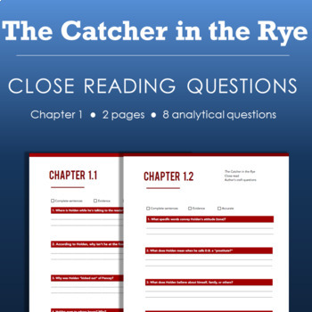 Preview of Catcher in the Rye - Chapter 1 Close Reading Handout with Questions