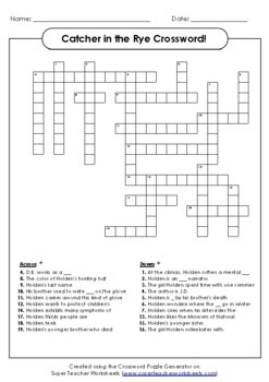 Catcher in the Rye Crossword Puzzle by Ivory Butler TPT
