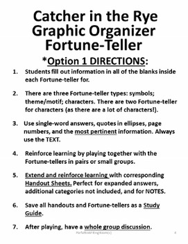 Catcher in the Rye Graphic Organizer FORTUNE TELLER for Theme, Symbol,  Character