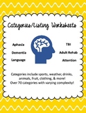 Categories, Naming, & Listing Worksheet (Aphasia,  Dementia, SNF speech therapy)