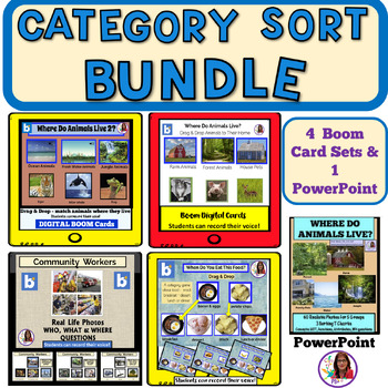 Preview of Category Sort Boom Card Bundle 5 Sets - Food, Animals, Community Workers