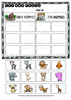 category sort cut and paste worksheets farm animals