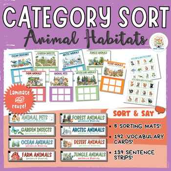 Preview of Category Sorting Mats with Sentence Frames/Sentence Strips (Animal Habitats)