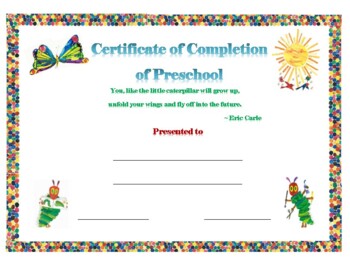 Caterpillar Inspired Preschool Certificate of Completion TpT