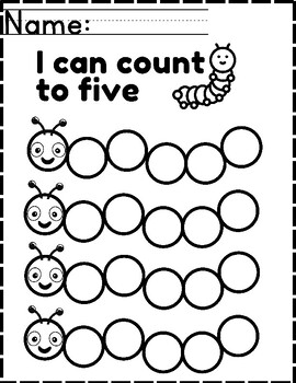 Caterpillar Primary Counting, Pattern, Name CVC Practice Worksheets