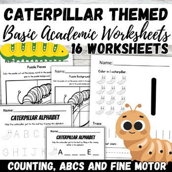 Preview of Caterpillar Special Education or kindergarten Math ELA and Fine Motor Worksheets
