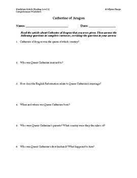 Preview of Catherine of Aragon Article (Reading Level 2) Comprehension Worksheet
