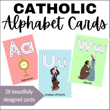 Preview of Catholic Alphabet ABC Cards - Tracing Activity, Poster Display, Classroom Decor