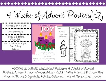 Preview of Catholic Education Advent 4 weeks Posters and Workbooks, rubric, prompts, quiz