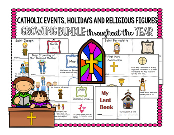Preview of Catholic School Events, Holidays, and Religious Figures YEAR LONG GROWING BUNDLE