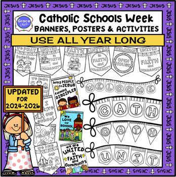 Preview of CATHOLIC SCHOOLS WEEK Banners, Posters and Activities 2024-2026 (FUN)