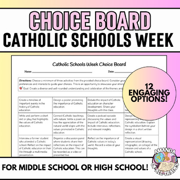 Preview of Catholic Schools Week Choice Board and Rubric- Middle or High School - Editable