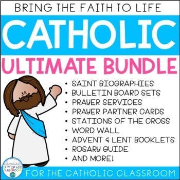 Preview of Catholic Religion Lessons and Activities with Saints, Prayers, Decor, Sacraments