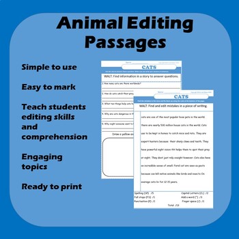 Preview of Cats Animal Editing Paragraphs and Reading Comprehension for Ages 7-10 FREEBIE!