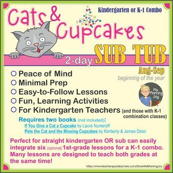 Preview of Cats and Cupcakes 2-day Sub Tub Emergency Sub Plans for K and K-1 Combo