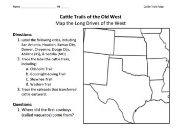 Preview of Cattle Trails of the Old West Map / Chisholm, Goodnight-Loving, Shawnee, Etc.