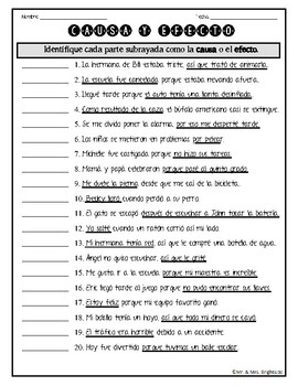 Causa y Efecto - Cause and Effect Spanish Worksheets by Mr and Mrs