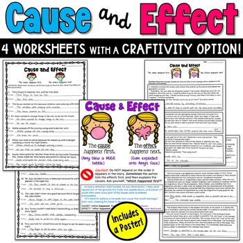 Preview of Cause and Effect: Worksheets with Practice Passages, Poster, and Craftivity