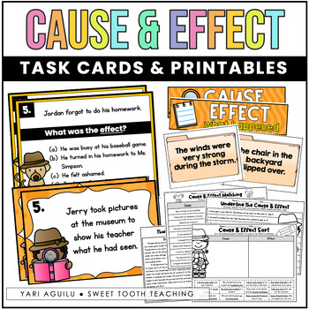 Preview of Cause & Effect Task Cards & Worksheets | Literacy Centers for 2nd & 3rd Grade