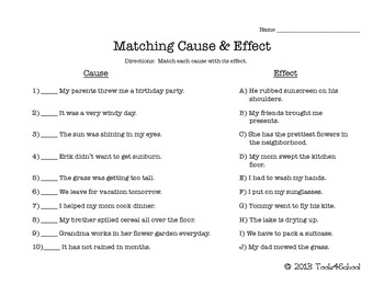 matching cause and effect worksheets