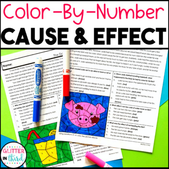 Preview of Cause and Effect Worksheets Passages Reading Comprehension Color By Number