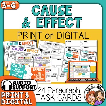 Preview of Cause and Effect Task Cards with Graphic Organizers Digital and Audio Support