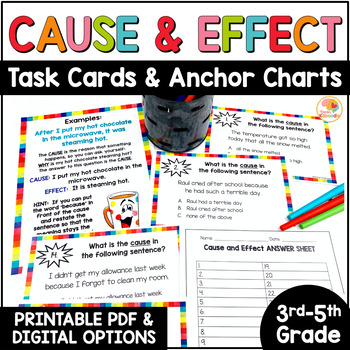 Preview of Cause and Effect Task Cards & Anchor Charts Activities: 3rd, 4th, 5th Grade